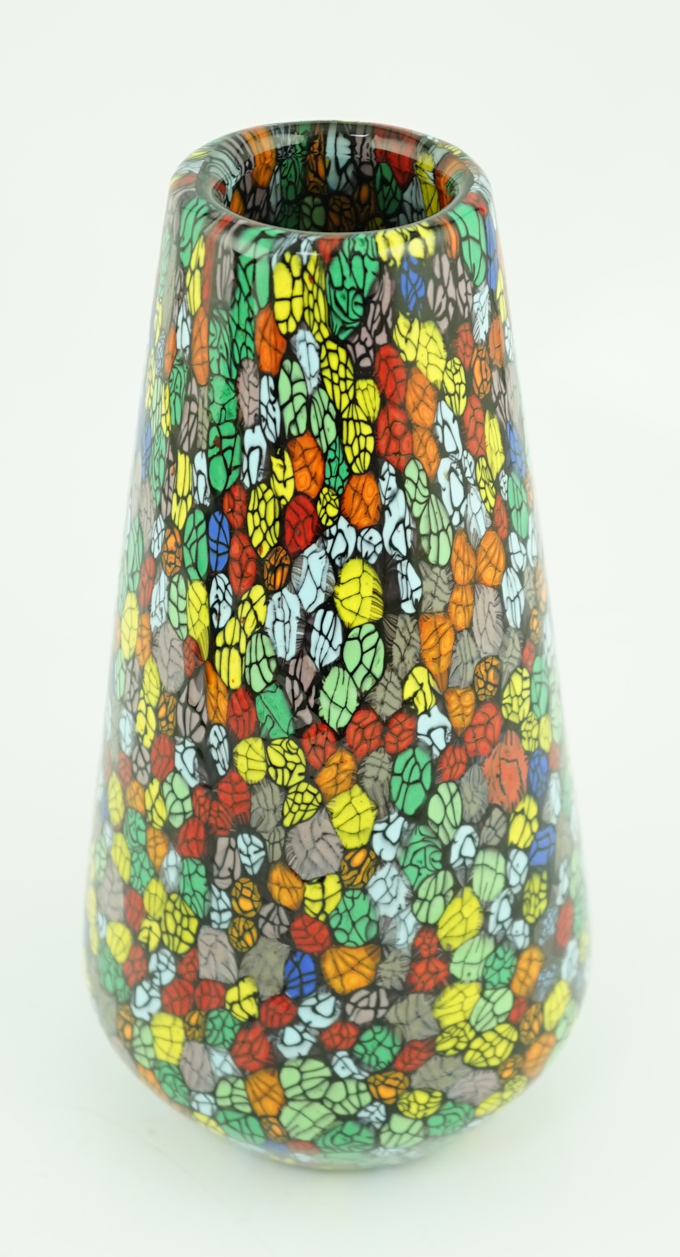 Vittorio Ferro (1932-2012) A Murano glass Murrine vase, the conical body with a multicoloured design, signed, 29cm., Please note this lot attracts an additional import tax of 20% on the hammer price